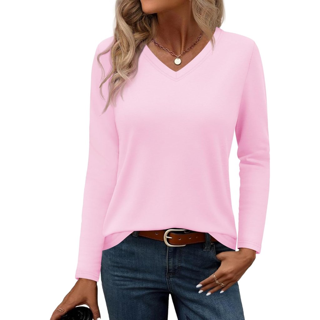 Womens Long Sleeve Shirts V Neck Cotton TShirt Solid Color Casual Tops Basic T
